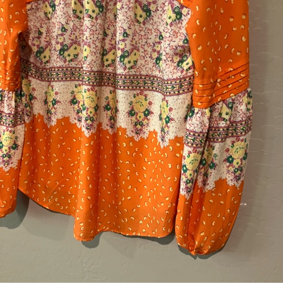 Anthropologie Maeve Orange Patterned V Neck Long Sleeve Blouse Size XS - Picture 5 of 14